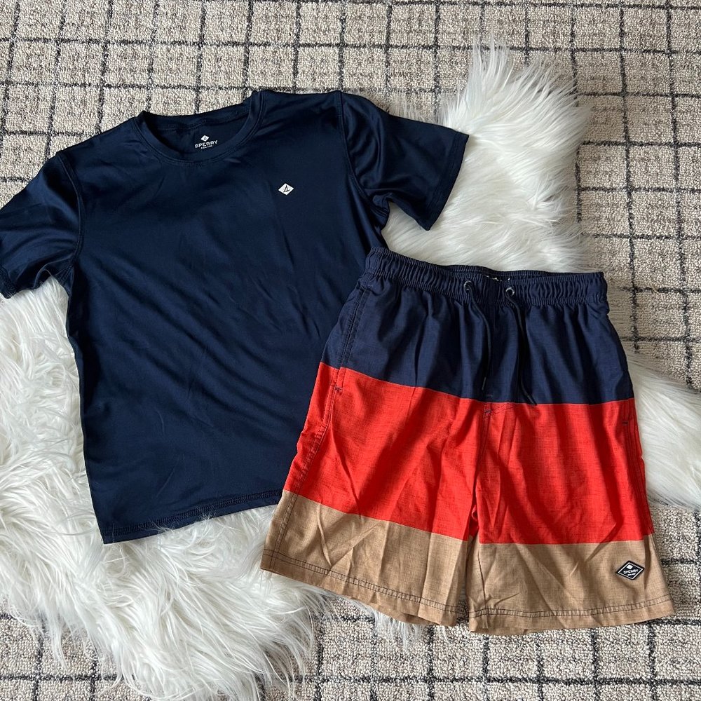 Sperry Navy Blue, Red & Tan Color Block Swim Trunks & Rash Guard Bundle M